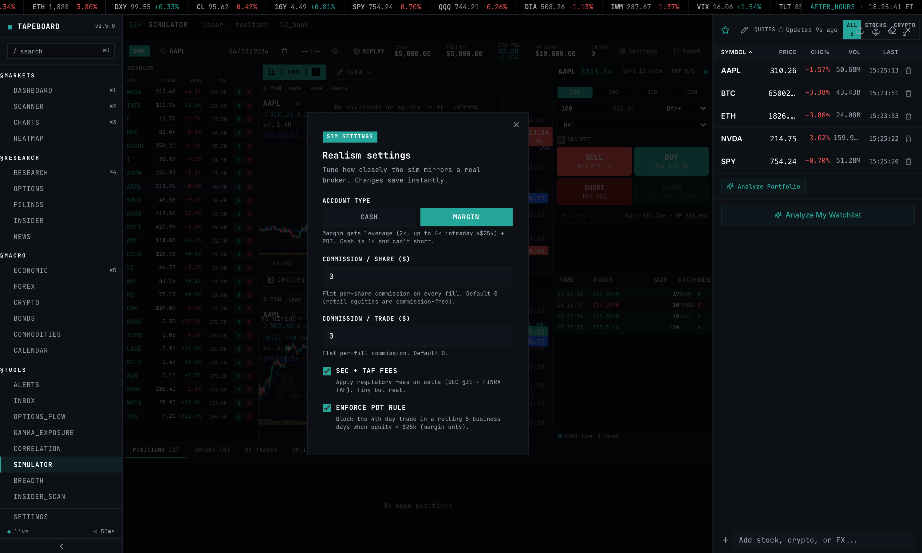 // Realism settings — account type, commissions, SEC/TAF fees, and the PDT rule.